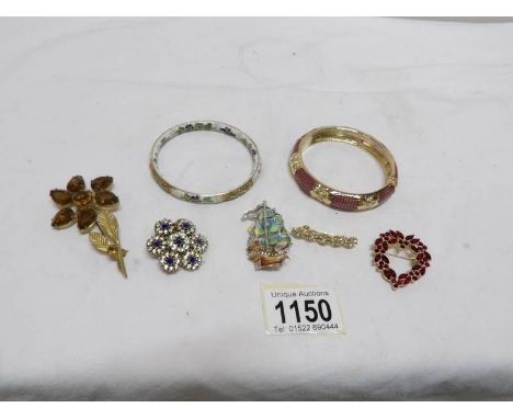 5 brooches, a cloissonne bangle and one other