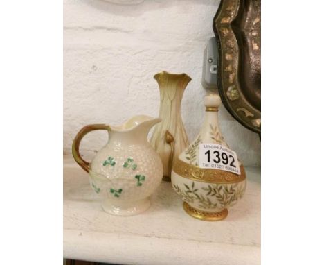 A Belleek jug and 2 Royal Worcester pieces