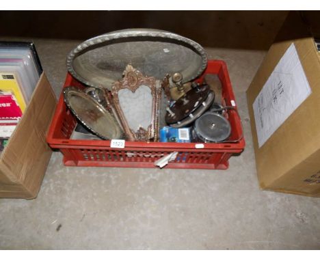 A mixed lot including bakelite fishing reel, hall lantern, metal ware etc
