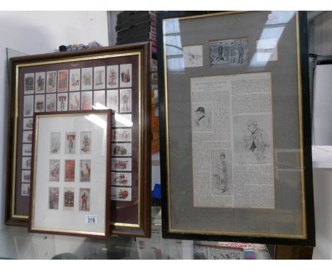 2 framed and glazed sets of cigarette cards and a newspaper hunting collage
