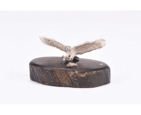 A Patrick Mavros silver model of a fish eagle, presented upon wood base, 2.5cm high (no longer secure to base)