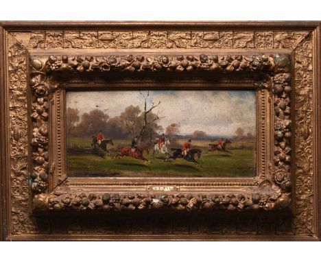 Rudolf Stone (1838-1914) Two Hunting Scenes, showing the hunt charging through rural fields and jumping fences, signed, oil o