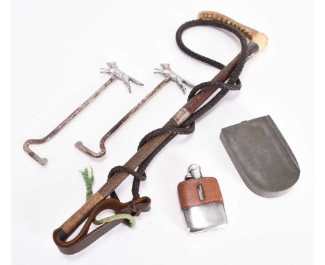 A group of hunting accessories, first half 20th centuryIncluding: A hunting whip with antler grip and part plaited leather sh