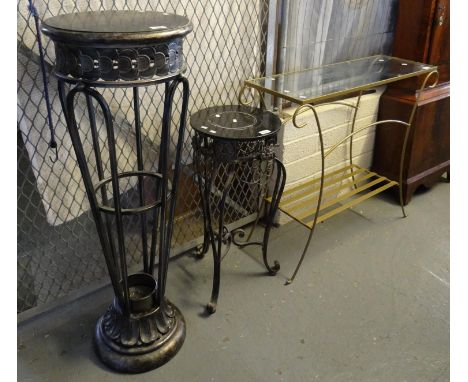 Two modern metal conservatory Torchère stands one with marble top together with another modern conservatory glass top brass f