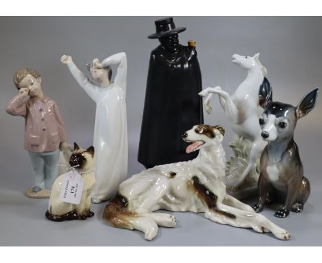 Collection of seven ceramic continental and other animal figurines: Nao and Lladro figurine of children, Beswick Siamese cat,