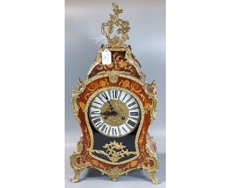 19th century style French design balloon shaped marquetry inlaid gilt metal mounted two train mantle clock with ceramic Roman