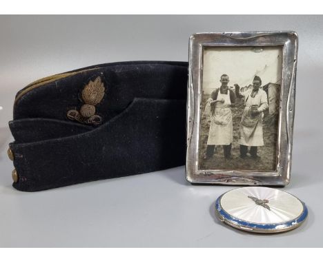 Royal Engineers WWII Officer's side cap with original badge together with an RAF silver compact dated 1940 together with two 