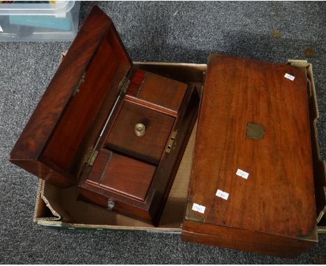 Box containing a sarcophagus shaped mahogany tea caddy and a writing slope with brass hinges. (2)(B.P. 21% + VAT) 