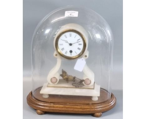 19th century Alabaster single train drum head portico clock with child on swing pendulum, oak base and glass dome.   (B.P. 21