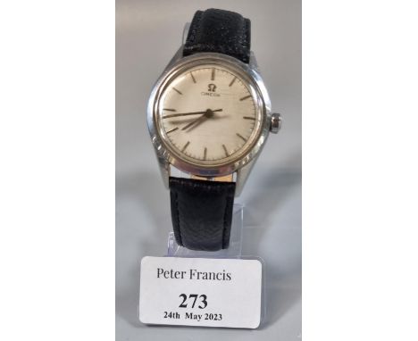 Omega boys size wristwatch with silvered face and baton numerals, sweep seconds hands with replacement leather strap.   (B.P.