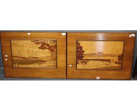 Pair of large hardwood marquetry panels, fox hunting scenes ,to include huntsmen and hounds and fox in landscape. A pair. 51x