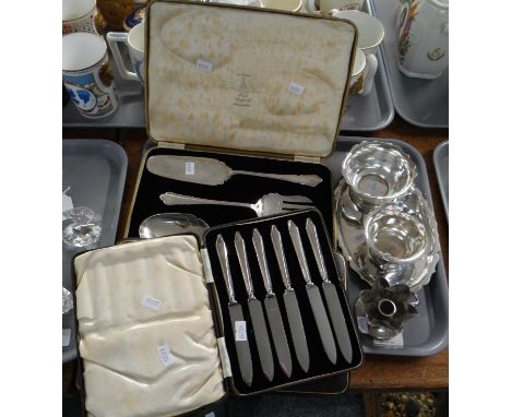 Tray of metalware to include: floral candle holder, plated milk jug and sucrier on small oval tray, cased cutlery; set of sil