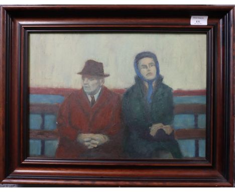 Les Mason (Welsh contemporary), 'Discord', portrait of a couple on a bench, signed and titled verso.  Oils on board.  29x41cm
