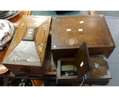 Three late 19th/early 20th Century wooden boxes; a sarcophagus shaped mother of pearl inlaid tea caddy with moulded glass sug