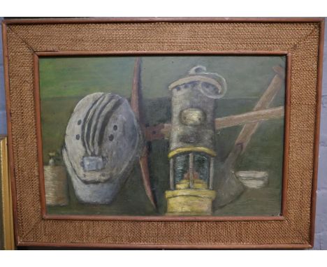 Fred Screech (mid century Welsh), study of miner's lamp, helmet etc.  signed and dated 1971 verso. oils on board.  31x49cm ap