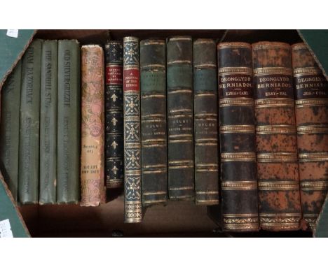 Box of antiquarian and vintage books to include: set of three leather bound marbled board Welsh language books 'Deonglydd Ber