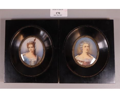 Pair of 20th century probably Italian portrait miniatures, 'Marie Therese Ynconnu' and 'Anne Lowise of Bourbon Carrieta'.  Eb
