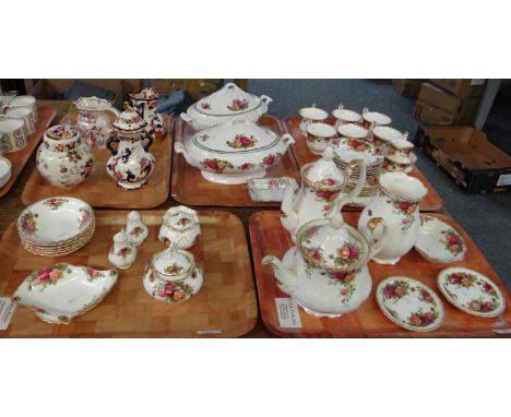 Five trays of china, mostly Royal Albert 'Old Country Roses' English bone china to include: teapot, coffee pot, pin trays, va