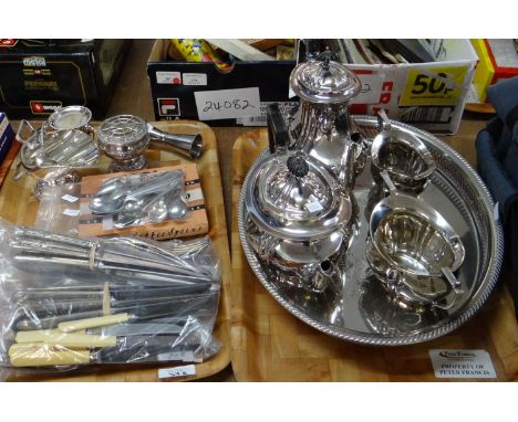 Two trays of metalware, mostly silver plate to include: a plated four piece tea and coffee service; teapot, coffee pot, sugar