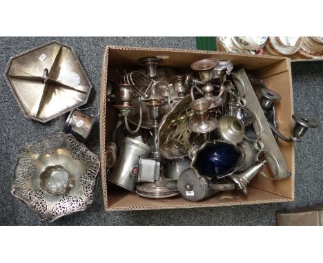 Box of mostly silver plate to include: pedestal basket, serving dishes, toast rack, candelabra, two handled sugar jug, Britis