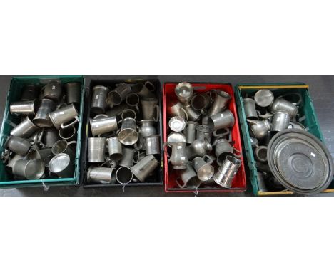 Large collection of pewter and metalware to include: pewter tankards and other drinking vessels, miniature goblets, small tea