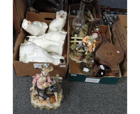 Two boxes of assorted items to include: fire bellows, oil lamp wall sconce, relief decorated candlesticks, large Capodimonte 