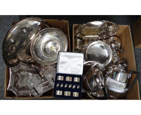 Two boxes of metalware, mostly silver plate to include: coffee pot, teapot, trays, ladle, plates, milk jugs, trinket box, bru