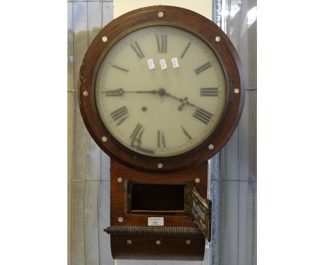19th century rosewood and mother of pearl inlaid two train drop dial wall clock in distressed condition with key.   (B.P. 21%