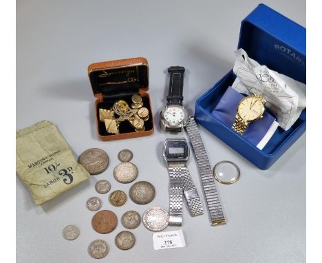 Box of oddments to include: silver crown dated 1935, silver and other coins, modern wristwatches including Rotary in original