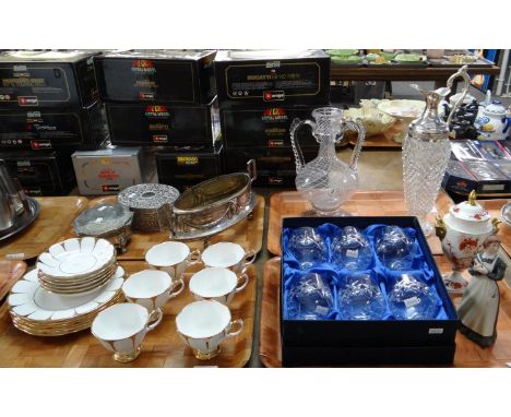 Four trays of mixed items to include; a tray of Royal Vale English bone china teaware (seconds), two silver plate velvet line