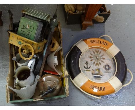Box of assorted items to include: a 'Welcome Aboard' decorative life buoy/life preserver ornament, wall sconce lightshades, c