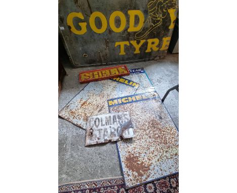 Group of assorted enamel and other signs in distressed condition to include: Coleman's Starch, Goodyear Tyre Pressures,  2 Mi
