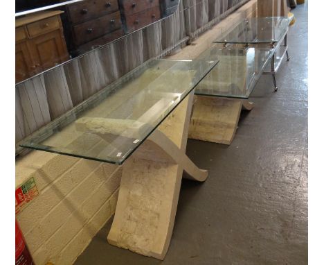 Two similar modern marble and glass top console and coffee tables, both on X frame supports together with a modern glass and 