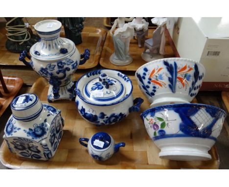 Tray of blue and white Gzhel and other Russian pottery to include: two bowls, ginger jar, miniature teapot, two handled lidde