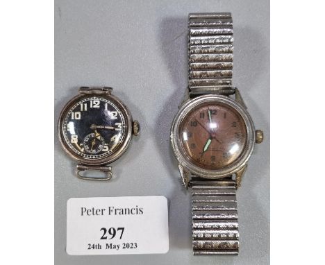 1930s Mulco military watch with brown face and illuminated hands No. 216 together with 1940s silver military watch with a bla