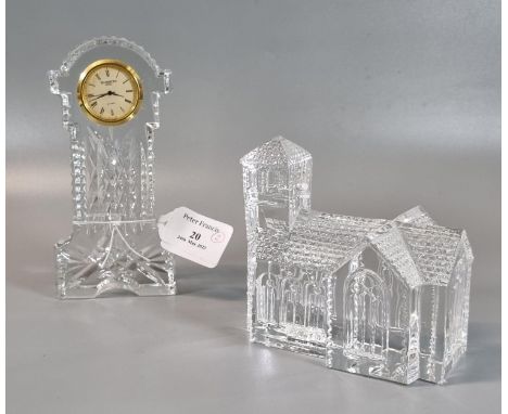 Waterford lead crystal study of Lismore Village Church together with Waterford crystal miniature long-case clock.  (2)   (B.P
