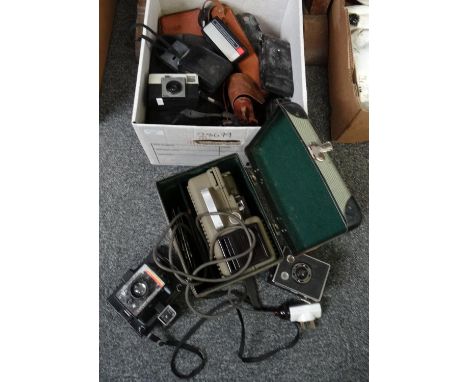 Box of cameras and camera equipment to include: 'The Folding Klito', Halina, Kodak Instamatic 25 and 130, pair of Barska 8 x 