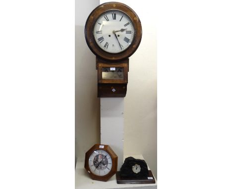 19th century rosewood inlaid two train drop dial wall clock together with two modern clocks.  (3)   (B.P. 21% + VAT) 