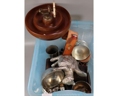 Box of oddments, to include: Solingen Puma Germany sheath and knife, pewter cup for the Hereford Regatta 1950, bottle coaster