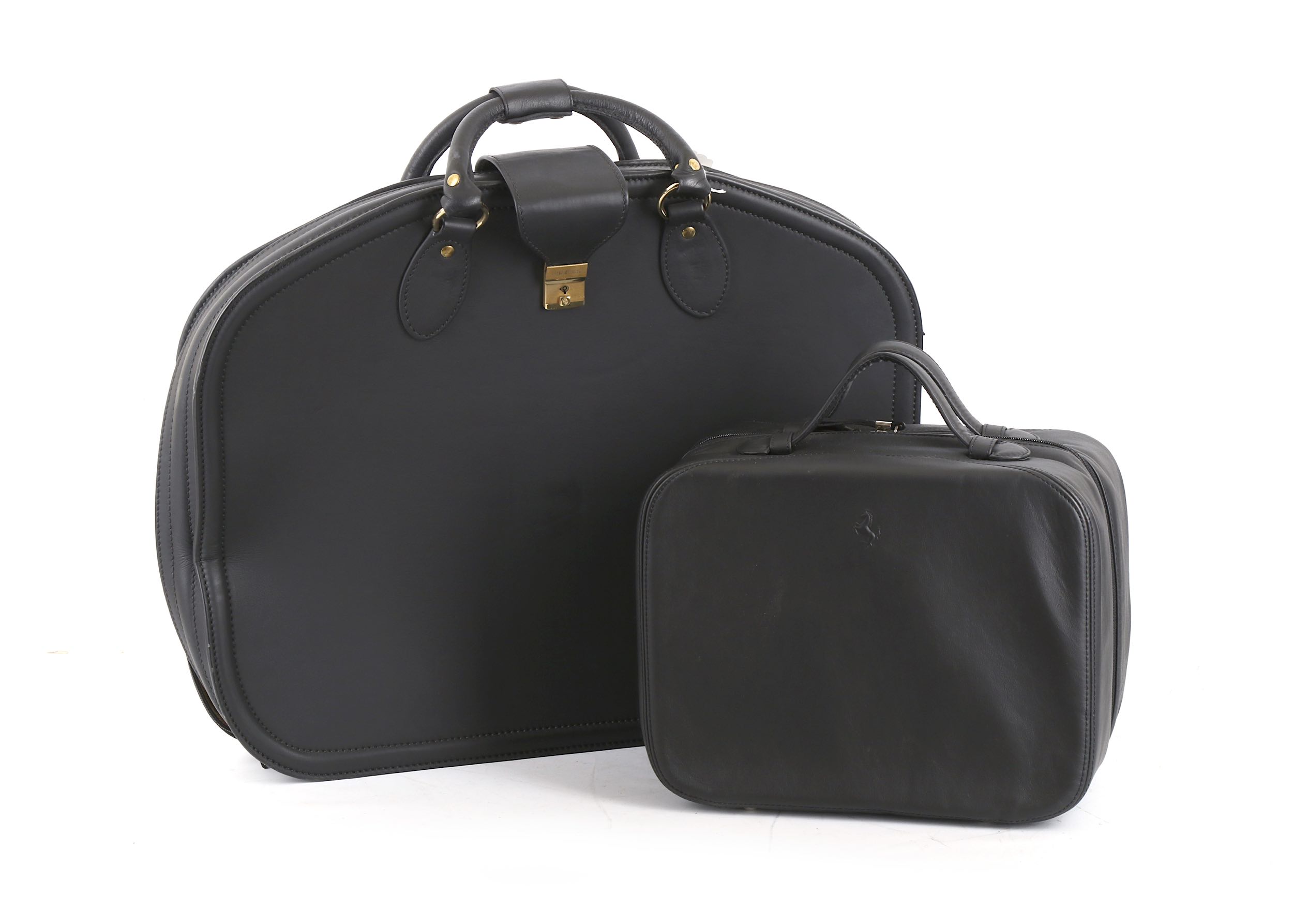 Two Pieces of Ferrari Schedoni Black Leather Luggage, to include a vanity case, double handle wit