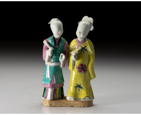 Depicting two standing figures, the maiden dressed in a puce and turquoise robe holding a fan in her right hand, accompanied 