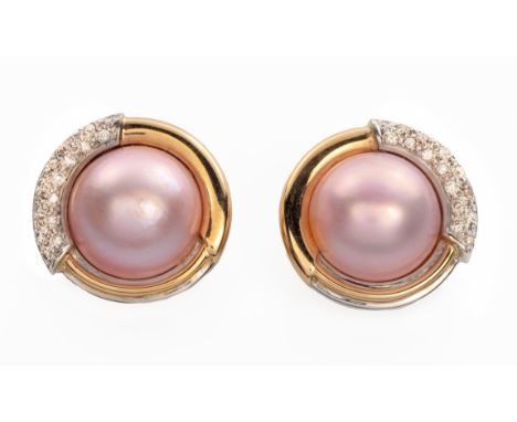 Each centred with a pink mabÃ© pearl measuring approximately 17mm diameter, the conforming surround divided into thirds, one 