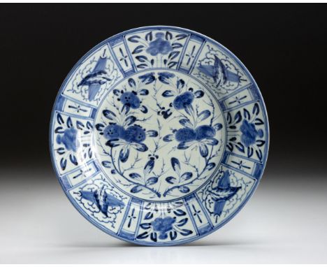 Painted to the centre with two leafy branches each bearing three ripe pomegranates, the kraak-style rim divided into eight se