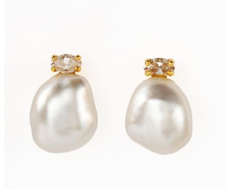 Each with a baroque pearl, embellished with claw-set marquise-cut diamonds weighing approximately  0.20cts in total, in 18ct 