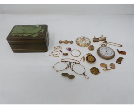 A collection of rolled gold and yellow metal jewellery. Including brooches, a pocket watch, an enamel badge, various cufflink