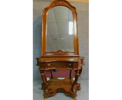 A Continental walnut and line inlaid pier mirror and console table fitted frieze drawer on cabriole supports. H.190 W.96 D.40