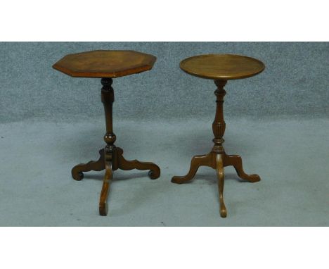 A Victorian style walnut and mahogany crossbanded lamp table raised on tripod base and another similar table. H.51 W.36 D.36c