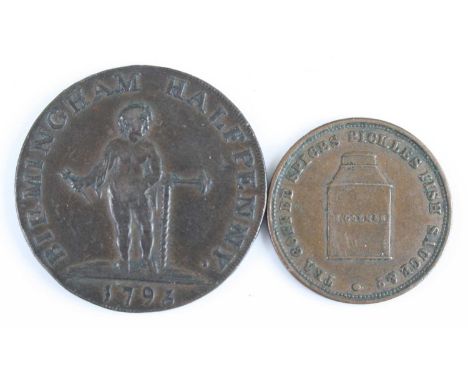 Warwickshire, Birmingham 1793 half penny token, obv: figure of a boy with spanner in right hand standing by large screw auger