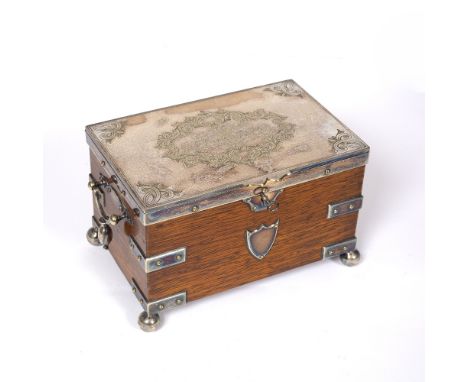 A VICTORIAN OAK AND SILVER PLATE RECTANGULAR TEA CADDY, of 3rd Aberdeenshire (Buchan) Rifles Volunteers interest, having twin