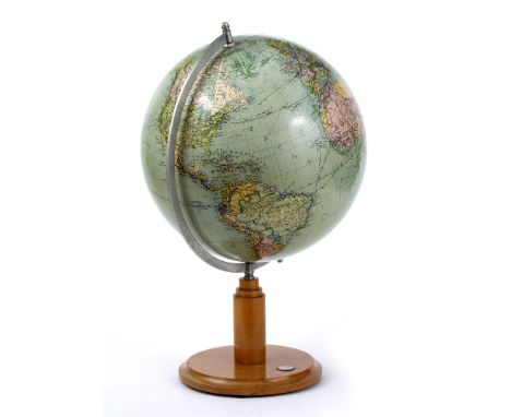 AN ART DECO ENGLISH EDITION 13 INCH ZEPPELIN GLOBE by Paul Rath, Leipzig, Germany, the light oak base inset with a compass, 5